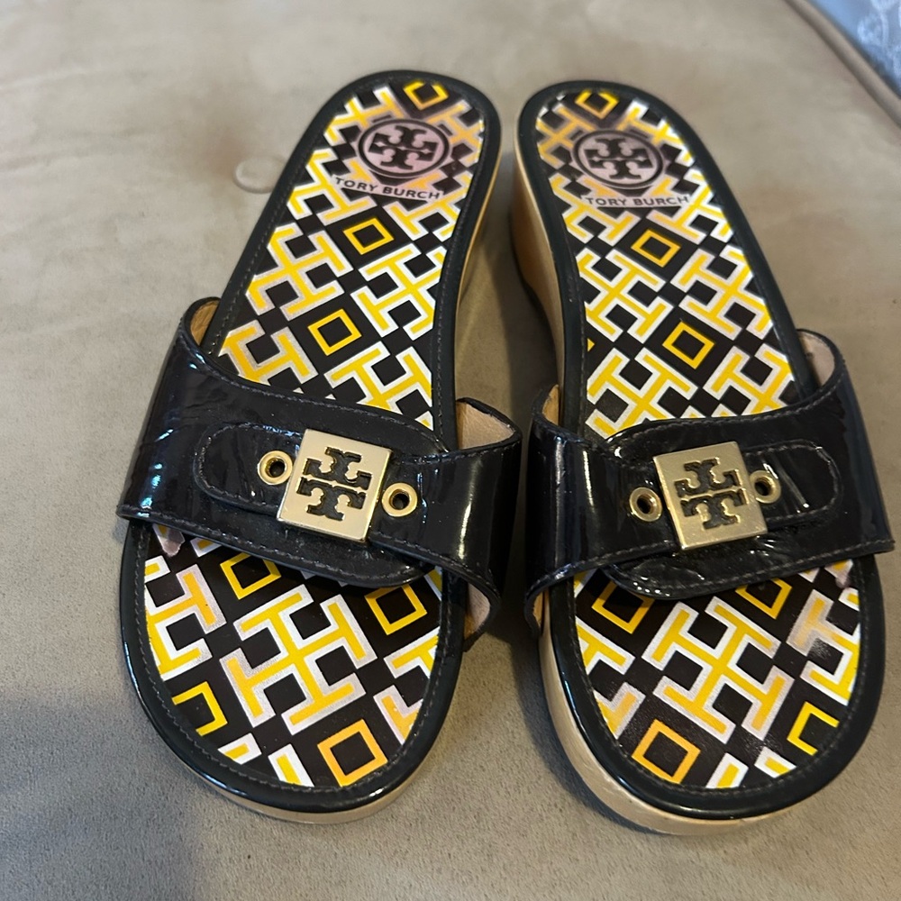 Tory Burch Black and Gold Geometric Slide Sandals